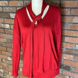 CAbi Red Long Sleeve Top with Scarf Detail